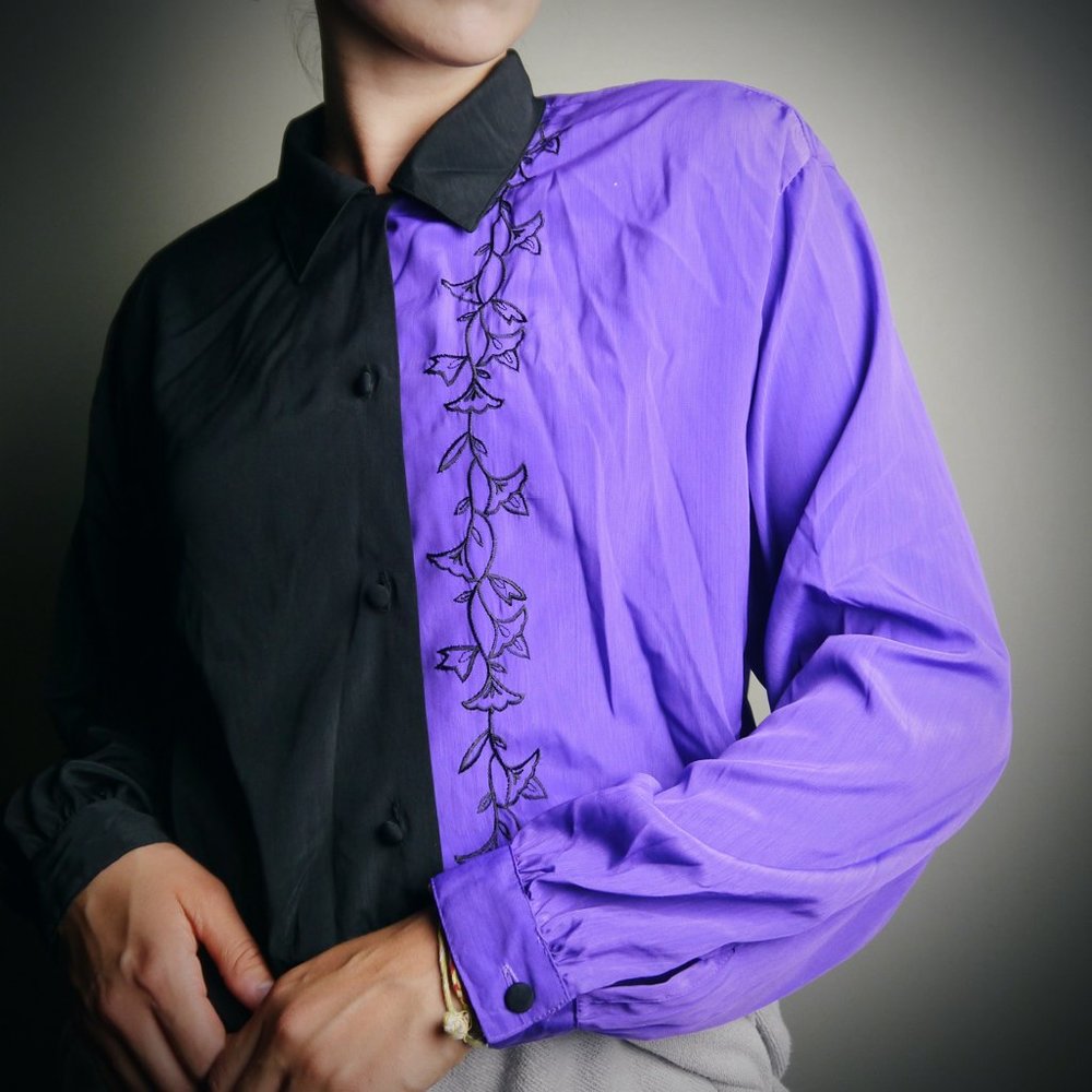 VINTAGE 90s Purple & Black Blouse | Size L